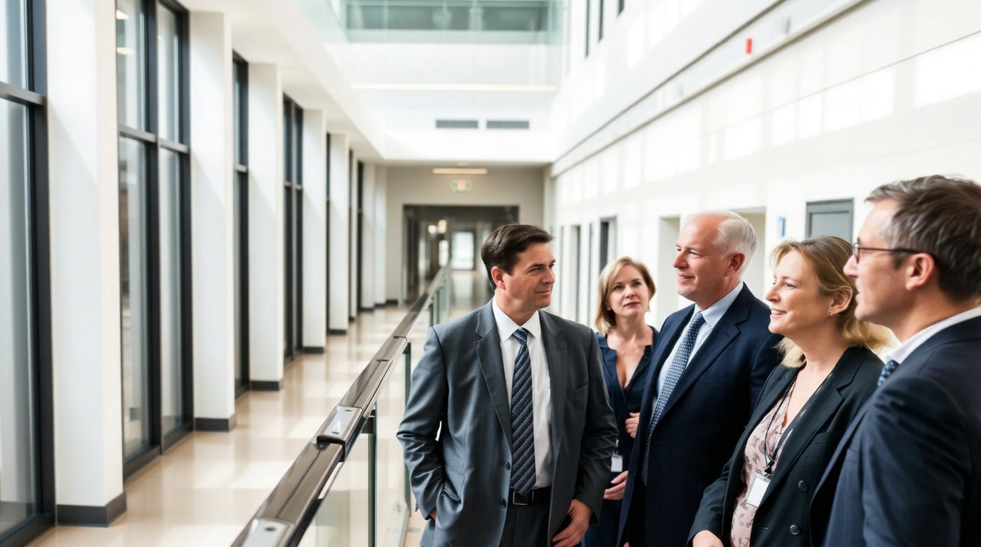 Hospital executives meeting in a modern health service building