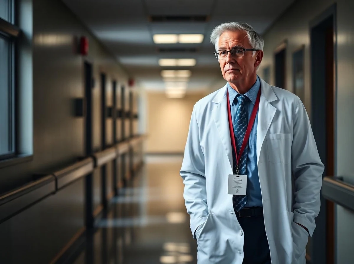 An experienced doctor in business attire in a regional hospital corridor