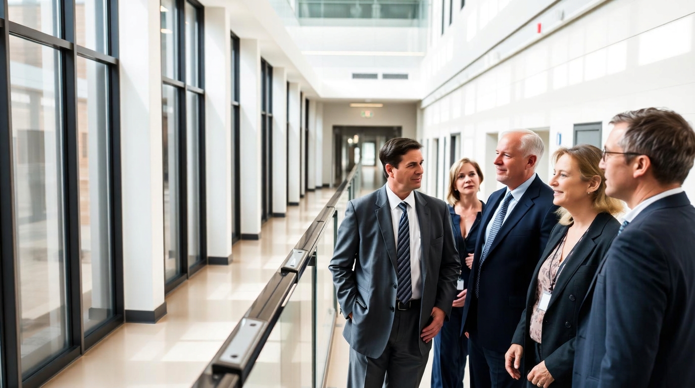 Senior hospital executives in discussion in a hospital administration building