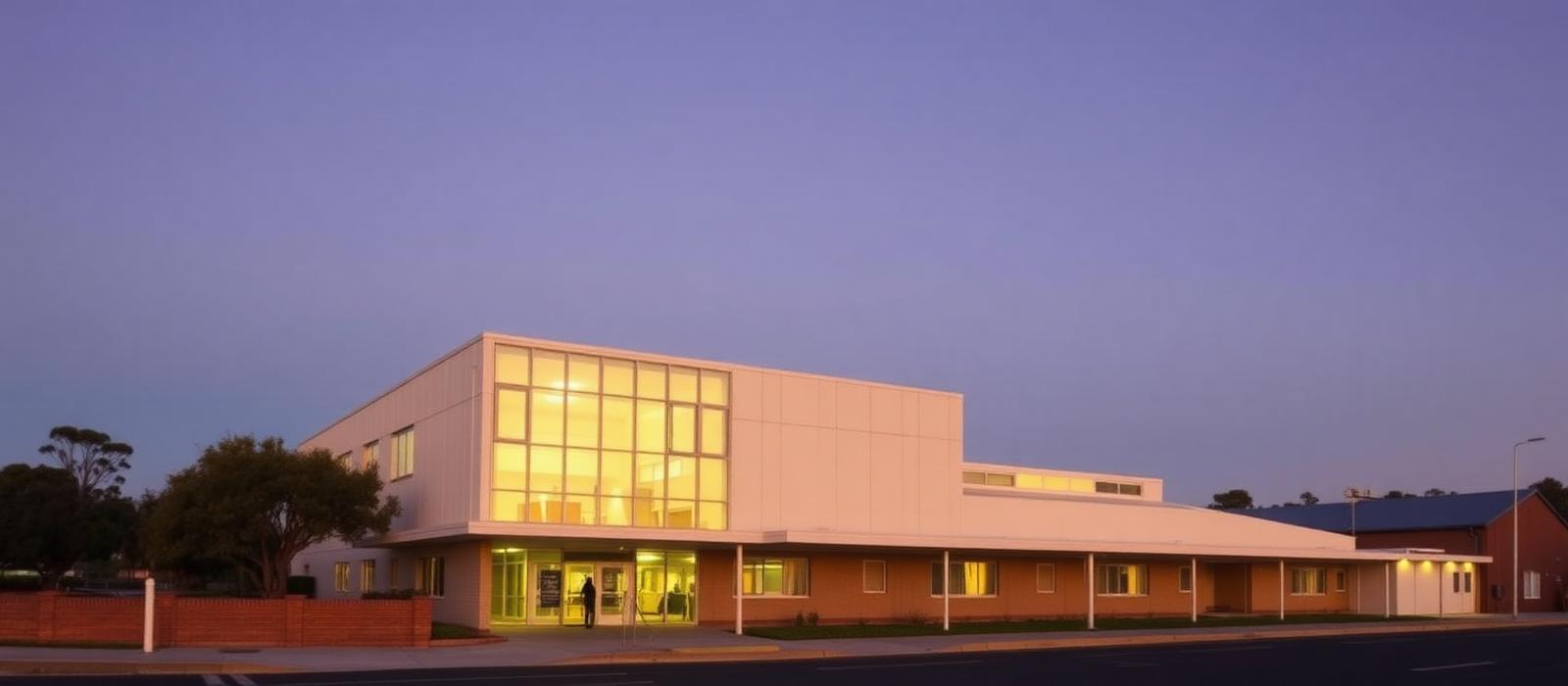 A regional Australian health service building at dusk